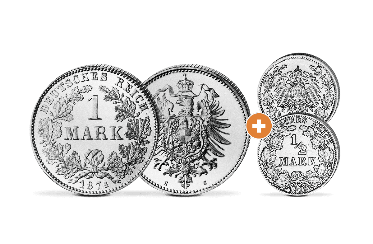 Originale ½ Mark und 1 Mark des Deutschen Kaiserreichs